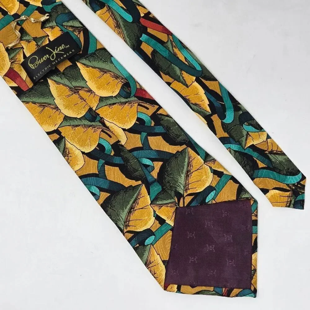 POWER LINE ELECTRIC NECKWEAR SILK TIE GREEN GOLD VIBRANT LEAVES SATIN 4